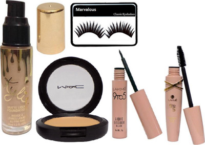 

Marvalous eyelashes , kylie liquid foundation , 9 to 5 eyeliner & mascara with studio fix powder plus compact(Set of 5)