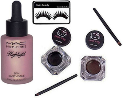 

divas beauty Eyelashes With Mac Prep+Prime Skin Base Visage highlighter,Hello Kitty Eyeliner 2 colors Black & Brown(Set of 4)