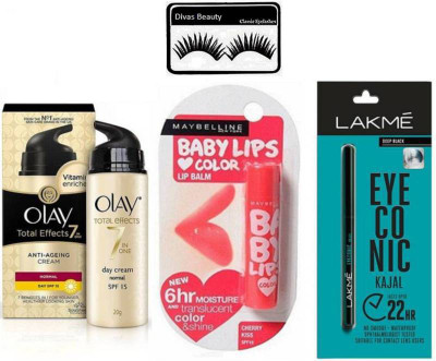 

divas beauty Eyelashes With Olay Total Effect Anti Angeing Cream & new york Cherry Kiss Lip Balm & Eyeconic Kajal(Set of 4)