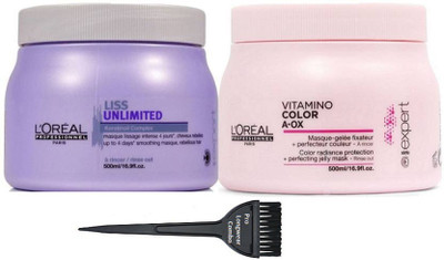 

Pro longwear combo Hair brush & L'Oreal liss unlimited keratinoil complex and vitamino color A-OX hair spa(Set of 3)