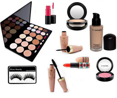 

divas beauty Eyelashes,Mac Concealer Palette , Lakme 9 To 5 Eyeliner & Mascara, Red Shade Lipgloss, Studio Fix Face Powder Compact, One Shade Blusher Compact, Hyper Real SPF 15 Foundation,Red Lipstick Of Mac(Set of 9)