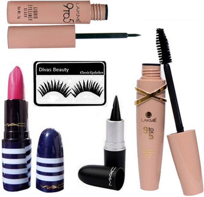 

divas beauty Eyelashes With 9 to 5 Eyeliner & Mascara, Mac Lipstick With Stick kajal(Set of 5)