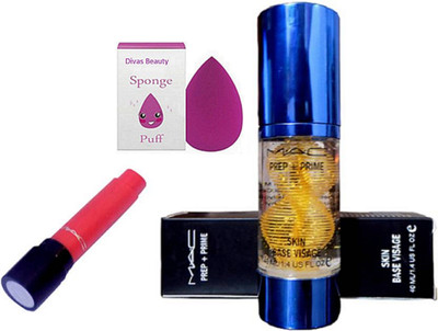 

divas beauty Sponge Puff With Mac Prep+ Prime Skin Base Visage Primer& mac Liptensity Lipstick(Set of 3)