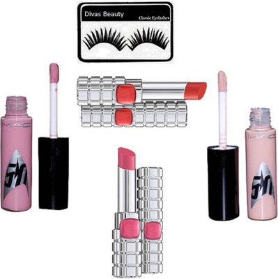 

divas beauty Eyelashes With Shine Lipstick Color Riche Lipstick With Mac Star Lip Gloss(Set of 5)