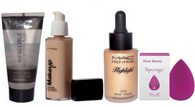 

divas beauty sponge Puff&Mac Makeup Prolongwear Foundation&Highlighter&Infalliable primer(Set of 4)