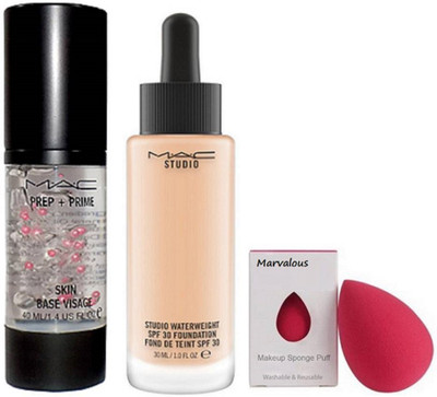

Marvalous Sponge puff & studio waterweight SPF 30 foundation with prep+prime skin base visage(Set of 3)