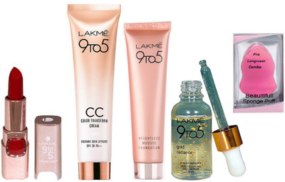 

Pro longwear combo Sponge Puff, Lakme 9to5 Weightless Mousse Foundation With Skin Base Primer & CC Color Transfrom Cream SPF 30 PA++ & matte finish Lipstick(Set of 5)