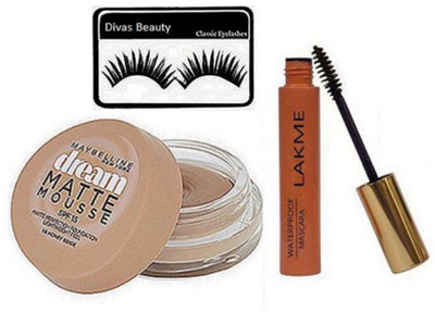 

divas beauty Eyelashes& New York Cream Foundation Mousse With9 To 5 Waterproof Mascara(Set of 3)