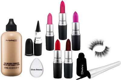 

divas beauty Silicon Puff, Mac Face and Body Foundation With Long Lasting Matte Finish Lipstick Set Of 5 & Mac Liquid Eyeliner & Eyelashes & Mac Black Stick Kajal(Set of 10)