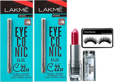 

divas beauty Eyelashes With Eyeconic kajal pack of & matte Finish Long Lasting Lipstick(Set of 4)