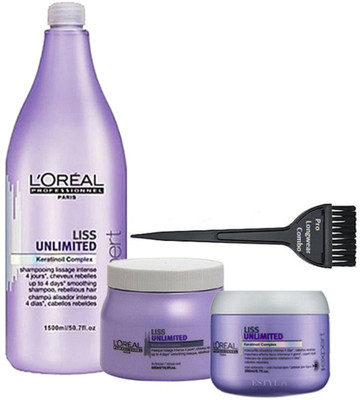

Pro longwear combo Of Hair Brush,L'oreal Liss Unlimited Hair Shampoo 1500ml With Masque+Conditioner(Set of 4)