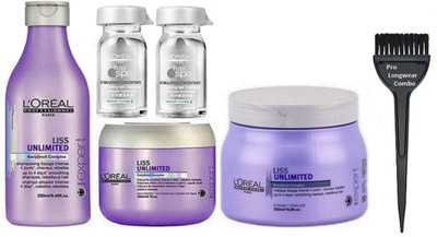 

Pro longwear combo Hair Brush,L'oreal Liss Unlimited Hair Shampoo With Conditioner+Masque & Hydrate Concentrate Purifying Bottles Set Of 2(Set of 6)