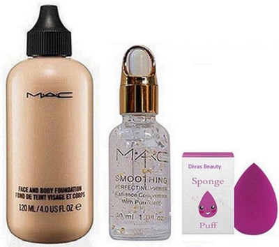 

divas beauty Sponge Puff&Mac Face&Body Foundation&Mac Smoothing Perfecting Radiance Face Primer Gel 30 ml(Set of 3)