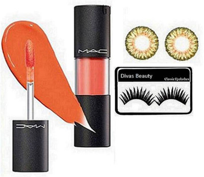 

divas beauty Eyelashes & Mac Long Lasting Matte Finish Lipgloss With Golden Eyelenses(Set of 3)