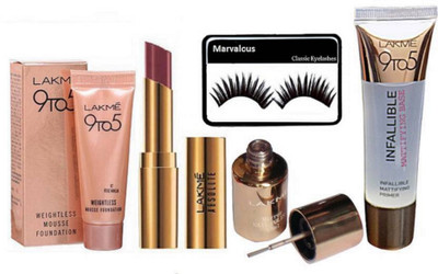 

Marvalous Eyelashes and Lakme 9 to 5 Weightless Mousse Foundation , Mirror Nail Polish , Infallible Mattifying Primer, Absolute Foundation(Set of 5)
