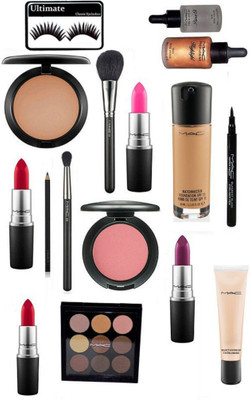 

Ultimate Eyelashes With Mac Matchmaster Foundation,Pink Shade Blusher With 9 shades Eyeshadow Palette,Pen Eyeliner &2makeup Brush & Matte Finish Long Lasting Lipsticks 4 shades & Studio Fix Compact,Pencil Kajal With Prep+Prime Primer Oil With Highlighter(