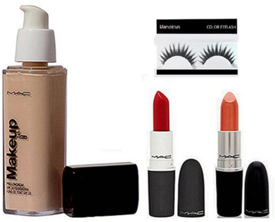 

Marvalous Eyelashes, Mac Make Up Pro Longwear Foundation, Red & Orange Lipstick (Set of 4)(Set of 4)