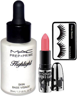

divas beauty Eyelashes & mac Brook candy Peach Lipstick & Skin Base Highlight of mac(Set of 3)