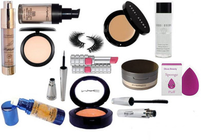 

divas beauty Silicon puff With bobbi brown Concealer & makeup remover With Mac Hyper real Foundation With brook candy Eyeliner With prep+prime primer & highlighter & pink shade blusher With Studio compact & face loose powder & matte finish lipstick(Set of