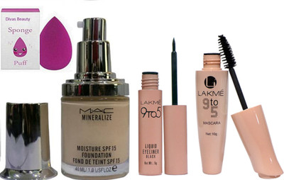 

divas beauty Sponge puff & Mineralize moisture Spf15 foundation Of Mac 40ml , Lakme 9 to 5 waterproof Eyeliner & Mascara(Set of 4)