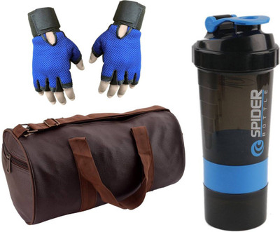 

Snipper Combo Of Leatherite Brown Gym Bag with Side Pocket , Blue Gloves and Blue Spider Shaker Gym & Fitness Kit
