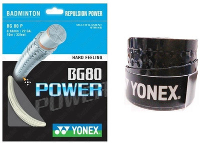 

Yonex Combo of two - One 'BG 80 Power' Badminton String and one 'E tech 901' Badminton Grip (Color On Availability) - Badminton Kit