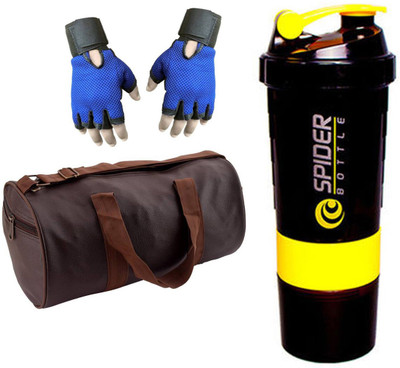 

Snipper Combo Of Brown Gym Bag with Side Pocket , Blue Gloves and Yellow Spider Shaker Gym & Fitness Kit