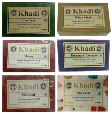 

Khadi Herbal Soap Combo: Shikakai, Mix Fruit,Tea Tree White Musk,Honey, Rosemary lavender(750 g, Pack of 6)