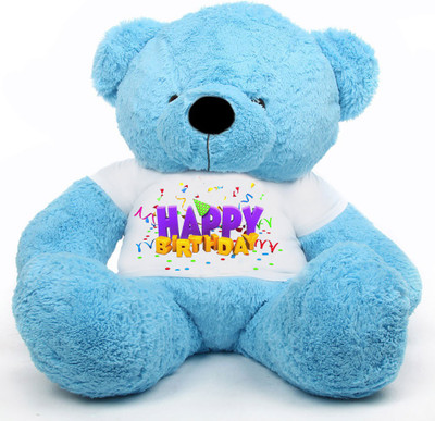 

CLICK4DEAL 4 Feet Blue Teddy Bear Waring a Happy Bithday Tshirt (121 CM) - 121 cm(Multicolor)