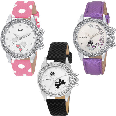 

Rage Enterprise Casual Printed Dial Festival Special Leather Strap set of 3 Men & Women Watch - For Women
