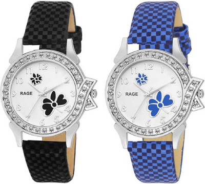 

Rage Enterprise R-804-Black-Blue Formal Leather Strap set of 2 Women Watch - For Women