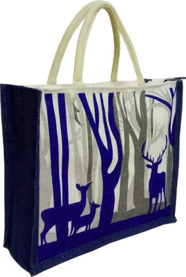 

styles creation Deer Print Designer Blue Handicraft Jute Lunch Tiffin Handbag Waterproof Lunch Bag(Blue, White, Grey, 14 inch)