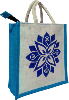 styles creation Printed Jute Lunch Bag Waterproof Lunch Bag(Blue, White, 11 inch)