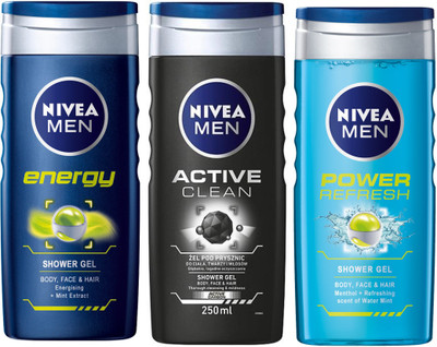 

Nivea MEN ENERGY SHOWER GEL 250 ML + MEN POWER REFRESH SHOWER GEL 250 ML + MEN ACTIVE CLEAN SHOWER GEL 250 ML(250 ml, Pack of 3)