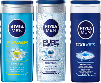 

Nivea MEN COOL KICK SHOWER GEL 250 ML +MEN PURE IMPACT SHOWER GEL 250 ML +MEN POWER REFRESH SHOWER GEL 250 ML(250 ml, Pack of 3)