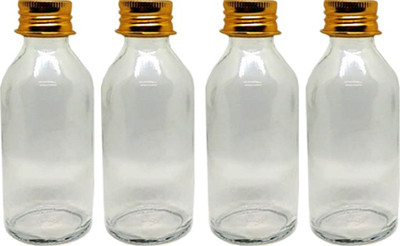 GIFTBASHINDIA Premium Round Shape Glass Bottle @100ml with Golden Metal Lid Set Of 4 ml Bottle(Pack of 4, White, Glass)