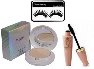 

divas beauty Eyelashes With Mac Lightful Compact Pressed Powder Naturally &9 To 5 Mascara(Set of 3)