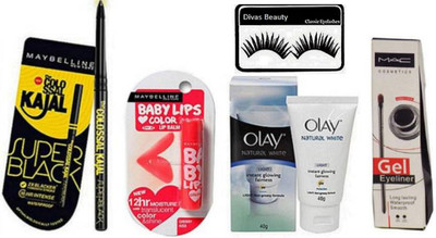 

divas beauty Eyelashes & Eyeconic Kajal & new york Cherry Kiss Lip balm, Super Black & Olay Natural White Instant Glowing Fairness Cream 40g(Set of 5)