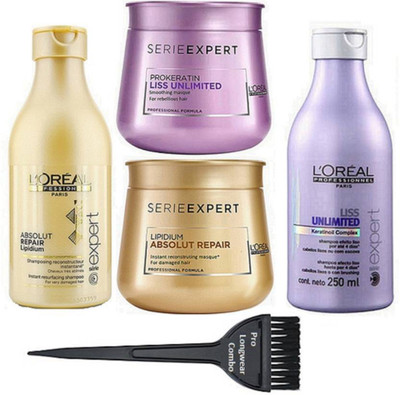 

Pro longwear combo Hair Brush, L'oreal Absolut Repair Lipidium Hair Shampoo With Liss Unlimited Shampoo & 2 SerieExpert Masque(Set of 5)