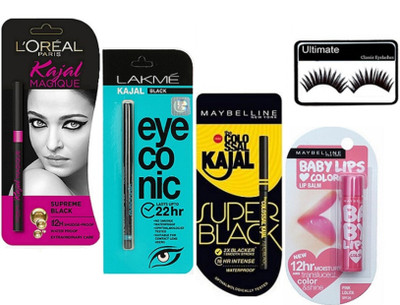 

Ultimate eyelashes & magique kajal & eyeconic deep black kajal & new york super black kajal & baby lips pink blam(Set of 5)