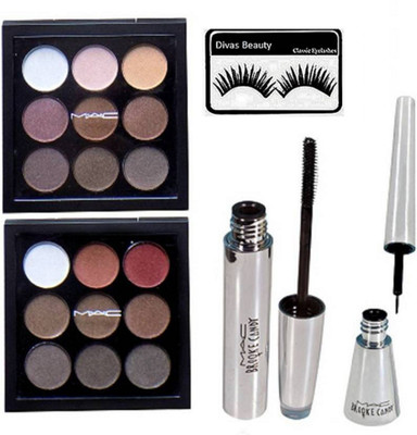 

divas beauty Eyelashes & Mac 9 Shade Mesmirizing Fabulous EyeShadow Palette Set Of 2 & Mac Brooke candy Eyeliner & Mascara(Set of 5)