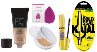 

Ultimate Sponge Puff, New York White Superfresh Compect, Fit me Matte+Poreless Foundation, The MagNum Volum Express Mascara, Pencil Kajal(Set of 5)