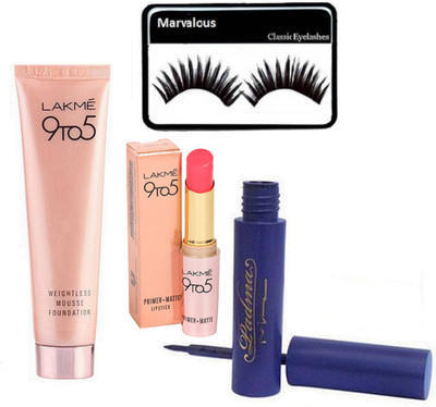 

Marvalous Eyelashes, Weightless Mousse Foundation and Primer+Matte Lipstick and Padma Eyeliner(Set of 4)