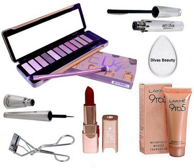 

divas beauty Silicon Puff& Naked 4 Eyeshadow Palette, Lakme 9 To 5 Mousse Foundation & Lipstick, Eyelashes Curler, Brookcandy Eyeliner & Mascara Of Mac(Set of 7)