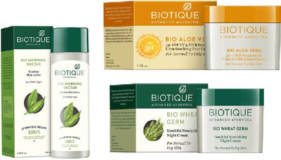 

BIOTIQUE BIO Bio Morning Nectar Flawless Skin Lotion For All Skin Types, Bio Aloe Vera 30+ Spf Sunscreen Cream, Bio Wheat Germ Night Cream(Set of 3)