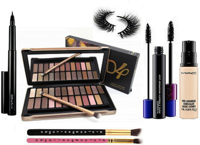 

Pro longwear combo Of Eyelashes,Naked 4 Shades 24 Eyeshadow Palette + Two Makeup Brush & Pro Concealer & Pen Eyeliner & 2in1 Mascara(Set of 7)