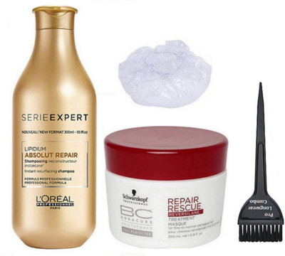 

Pro longwear combo Hair Brush, L'oreal lipidium Absolut Repair Shampoo, Schwarzkopf Professional BC Hair Therapy Repair Rescue Masque(Set of 4)