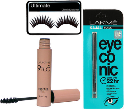 

Ultimate Eyelashes & Lakme 9 To 5 Waterproof Mascara of Lakme, eyeconic Deep Black Kajal(Set of 3)