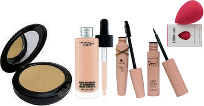

Ultimate Of Sponge Puff, Mac Water Weight Spf 30 Fond De Teint Foundation & Lakme 9to5 Eyeliner & Mascara & Compact(Set of 5)