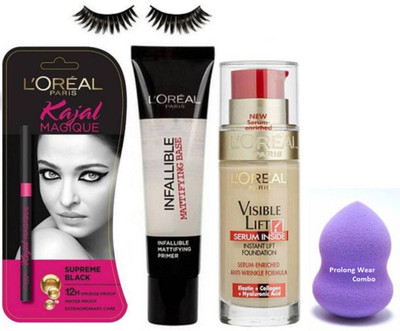 

Pro longwear combo Eyelashes,L'oreal Professional Makeup Combo(Visible lift Foundation+Blender Puff, Infalliable Primer Gel, Magique Bold Kajal)(Set of 5)